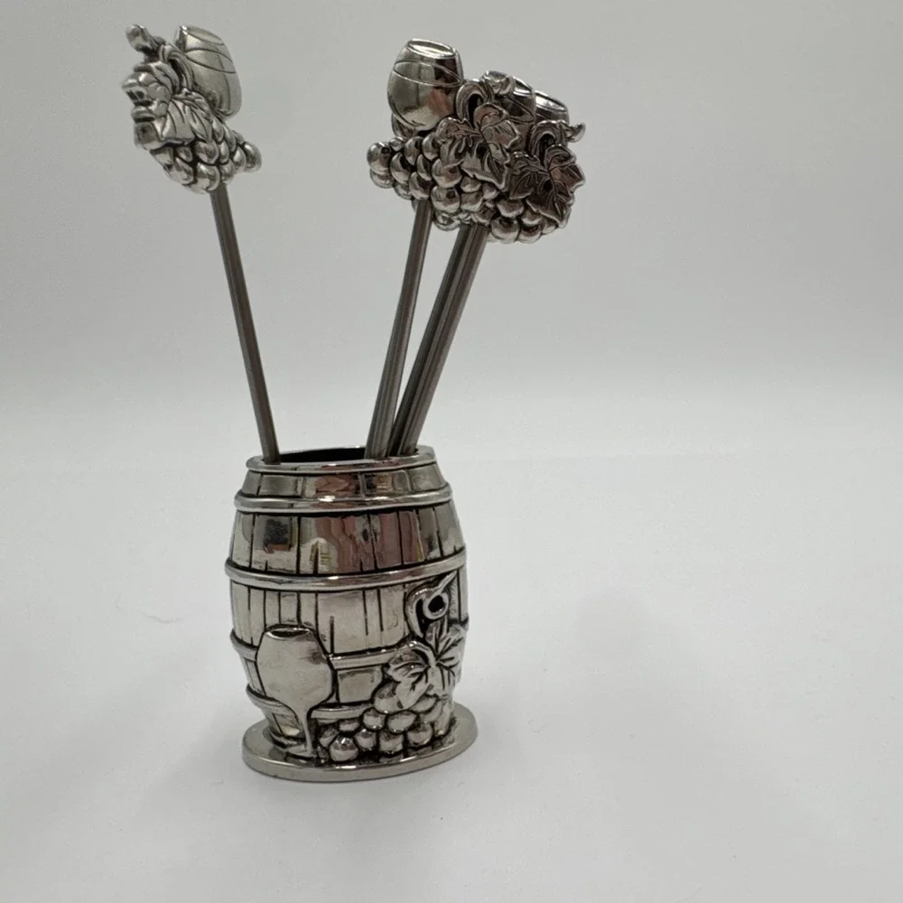Ganz Grape Wine Barrel Cocktail Picks Set Metal Appetizer Skewers Holder